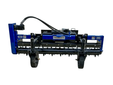 The Power Rake is a soil conditioner that is used to break up and level the soil. It has a series of teeth that rotate and churn the soil.